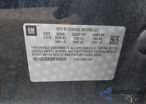 2013 Chevrolet Malibu 1Lt from USA, damaged, VIN 1G11C5SA5DF342540